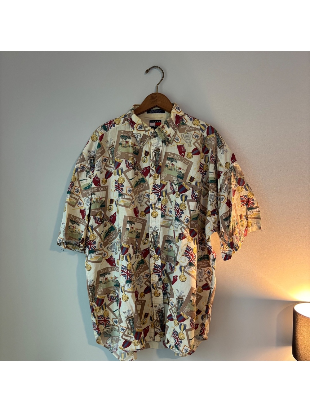 Vintage Tommy Hilfiger Island Golf All Over Print Shirt Men's L Linen 90s